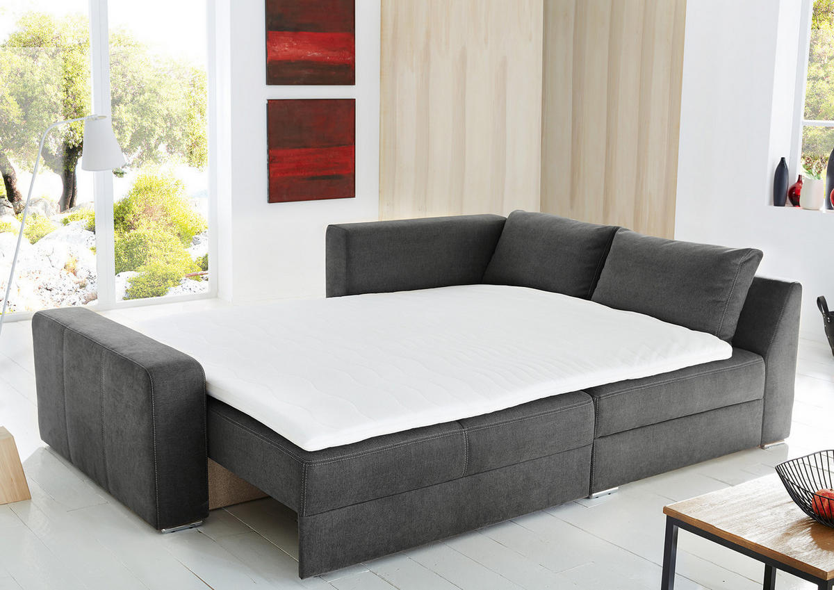 ECKSOFA-DAUERSCHLÄFER Boxspring Federkern Topper Bettkasten, seitenverkehrt montierbar B260/T181/H88 cm, Mikrofaser in Grau Anthrazit / 15107 - Chromfarben/Schieferfarben, Textil/Metall (260/181cm) - luma-home