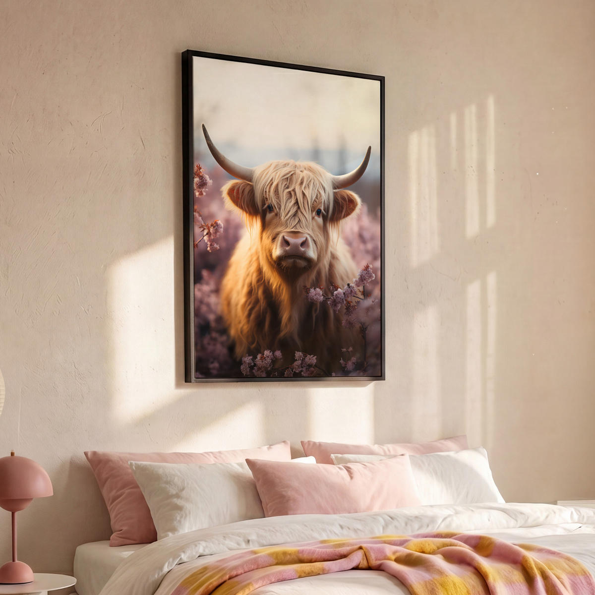 LEINWAND Bilder mit Rahmen - Schottischer Hochländer - Frühling - Hochland - 80x120 - Hellrosa, Textil (80/120cm) - MuchoWow