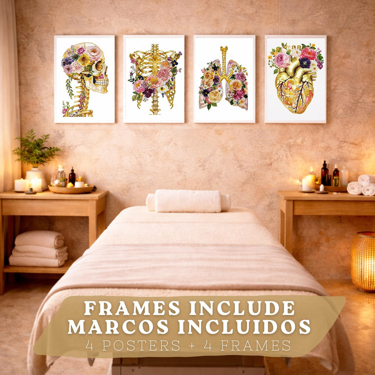 POSTER Set aus 4 Anatomie Mensch Drucke und Wandbilder mit Schädel Skelett Herz und Goldene Lungen Medizinische Wanddekoration Größe Weißer Rahmen A4 - Weiß, Papier (21/29.7/3cm) - Nacnic
