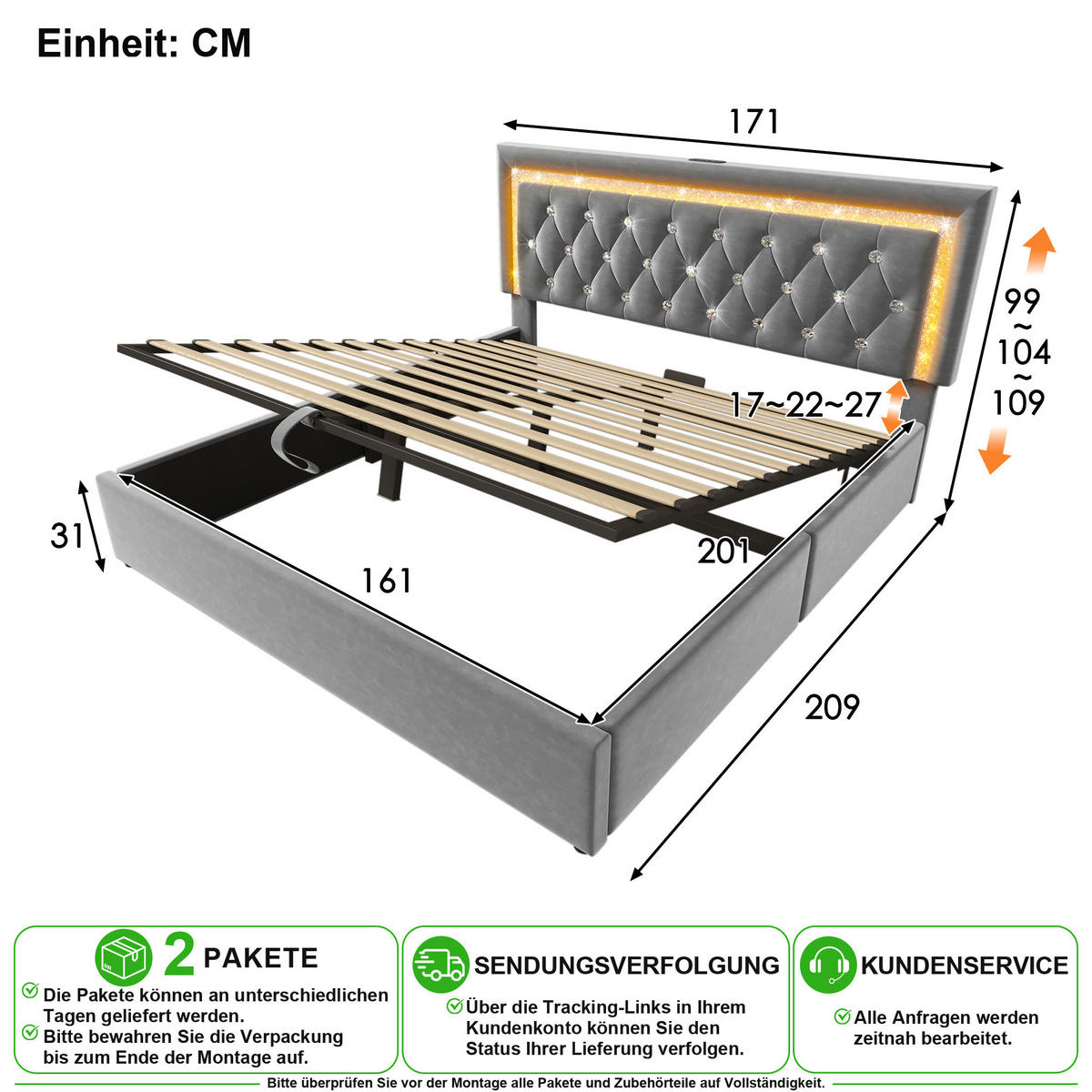 POLSTERBETT 160/200 cm in Grau Samt mit Bettkasten, LED und USB - Grau, Holzwerkstoff/Textil (160/200cm) - CHICFURN
