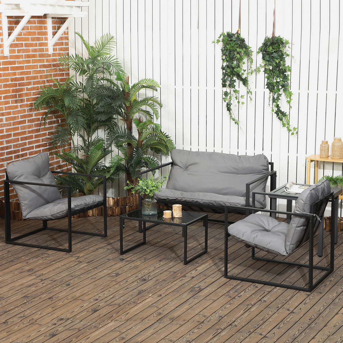 GARTENMÖBEL-SET DE-06529 1 Glastisch, 2 Sessel, 1 Sofa, wetterbeständig Grau+Schwarz - Schwarz/Grau, Textil/Metall - ComfortXL