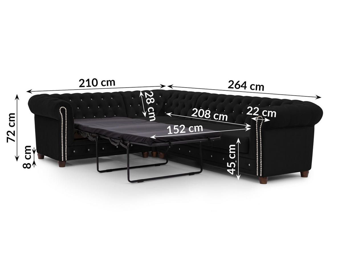 ECKSOFA mit Schlaffunktion Chesterfield Schwarz Samt mit Kristallsteppung und braunen Massivholzfüßen - Ottomane Links - Schwarz/Braun, Holz/Textil (264/210cm) - S-Style Möbel