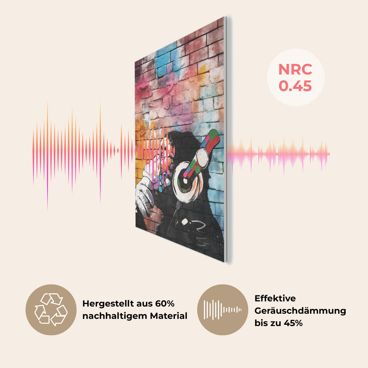 AKUSTIKPANEEL Affe - Graffiti - Musik 70x100 cm - Multicolor, Textil (70/0.9/100cm) - MuchoWow