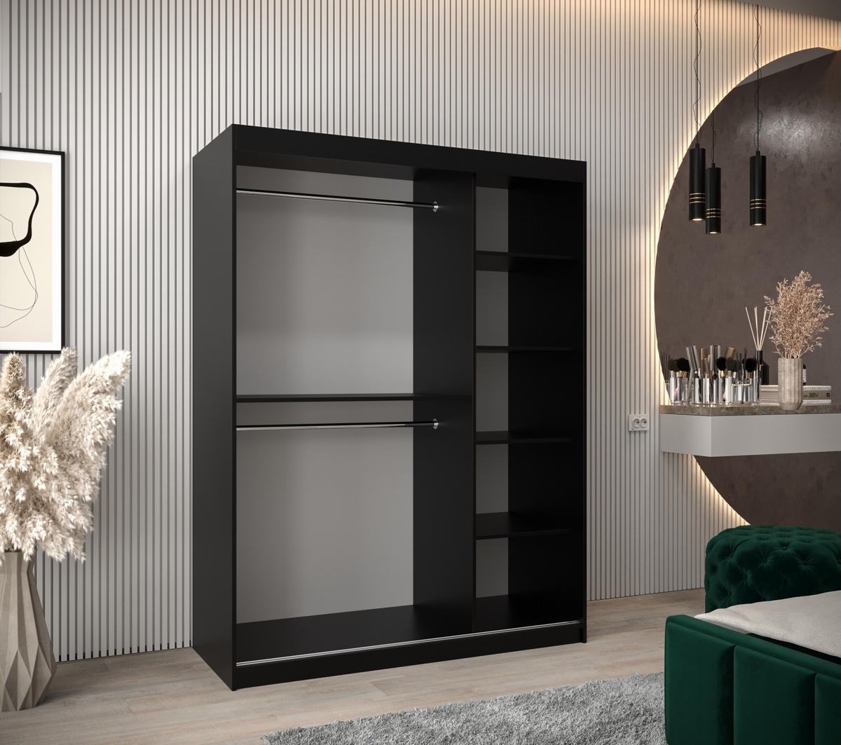 SCHWEBETÜRENSCHRANK 200/150/62 2-türig - Silberfarben/Schwarz, Holz/Kunststoff (150/200/62cm) - Abiks Möbel