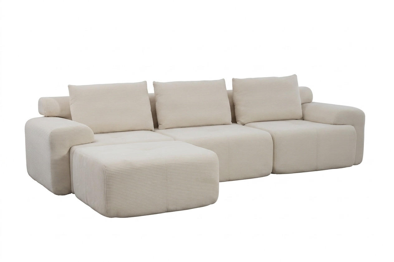 ECKSOFA 305/154/69 cm Weiß Cord mit 1 Fußhocker - Weiß, Textil (305/154cm) - Oxeza