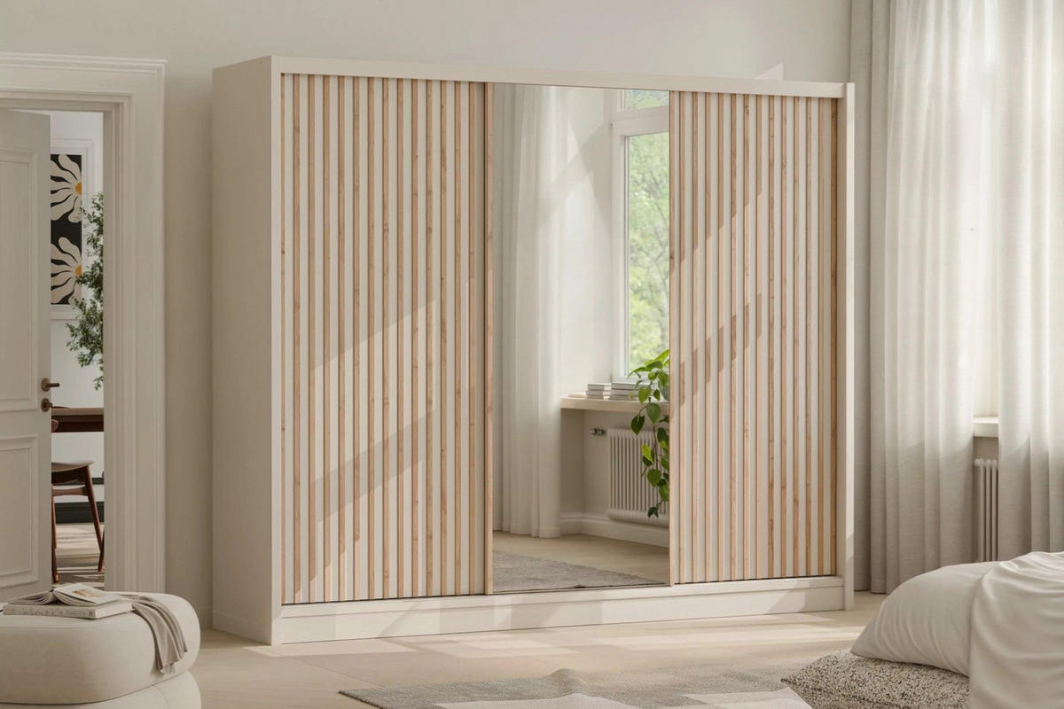 SCHWAEBETÜRENSCHRANK NEW YOURK LUX 250/215/61 cm in Kaschmir mit Lamellen und Spiegel - Kaschmir, Holzwerkstoff (250/215/61cm) - Deine Möbel 24