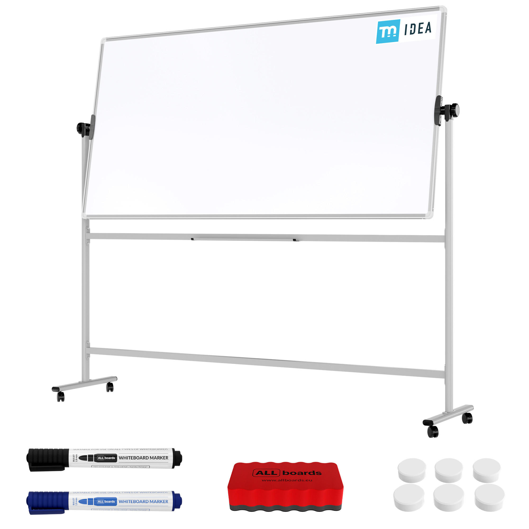 MOBILES Board, Serie: TM Idea/Flex – mit doppelseitiger Whiteboard-Oberfläche, drehbar, 200x100 cm - Weiß, Metall (200/100/62cm) - ALLboards