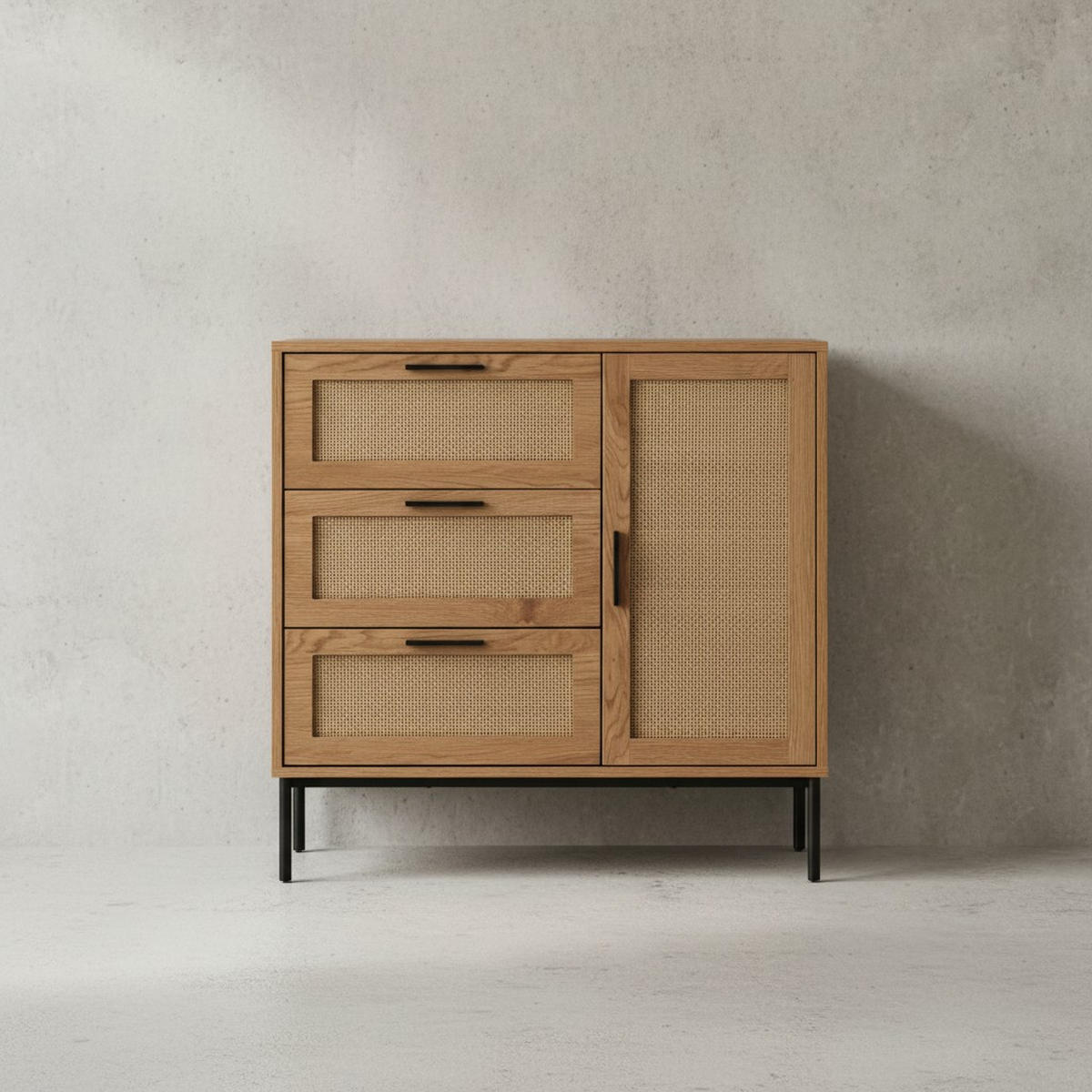 KOMMODE – Eiche-Dekor/Rattan, 80x82x36 cm, 3 Schubladen, 1 Tür, modern - Schwarz/Braun, Holzwerkstoff/Metall (80/82/36cm) - KADIMA DESIGN
