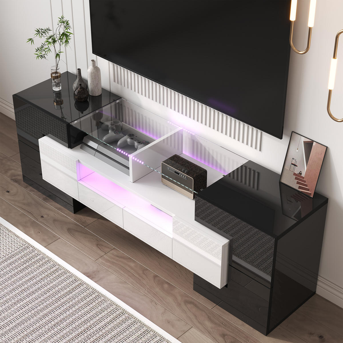 LOWBOARD in Weiß und Schwarz mit LED und Glasoberfläche für Wohnzimmer, 145/B30/H51cm - Schwarz/Weiß, Glas/Holzwerkstoff (145/51/30cm) - STILVORA
