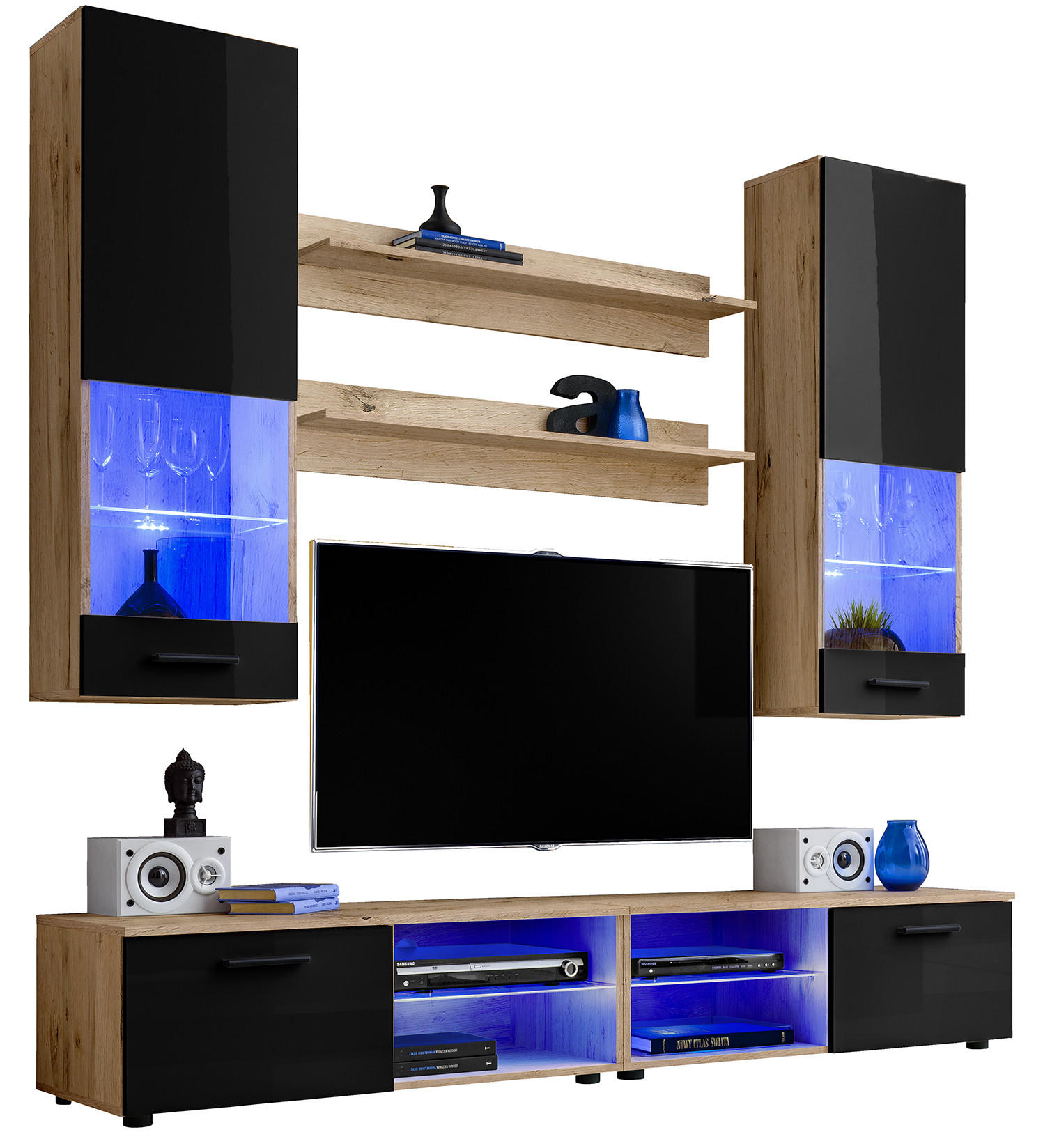 WOHNZIMMERSET VARALLO, 6er-Set, Eiche Wotan, Front Hochglanz Schwarz , LED Blau - Eiche Wotan/Schwarz, Glas/Holzwerkstoff (200/190/45cm) - Komodee
