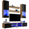 WOHNZIMMERSET VARALLO, 6er-Set, Eiche Wotan, Front Hochglanz Schwarz , LED Blau - Eiche Wotan/Schwarz, Glas/Holzwerkstoff (200/190/45cm) - Komodee