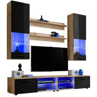 WOHNZIMMERSET VARALLO, 6er-Set, Eiche Wotan, Front Hochglanz Schwarz , LED Blau - Eiche Wotan/Schwarz, Glas/Holzwerkstoff (200/190/45cm) - Komodee
