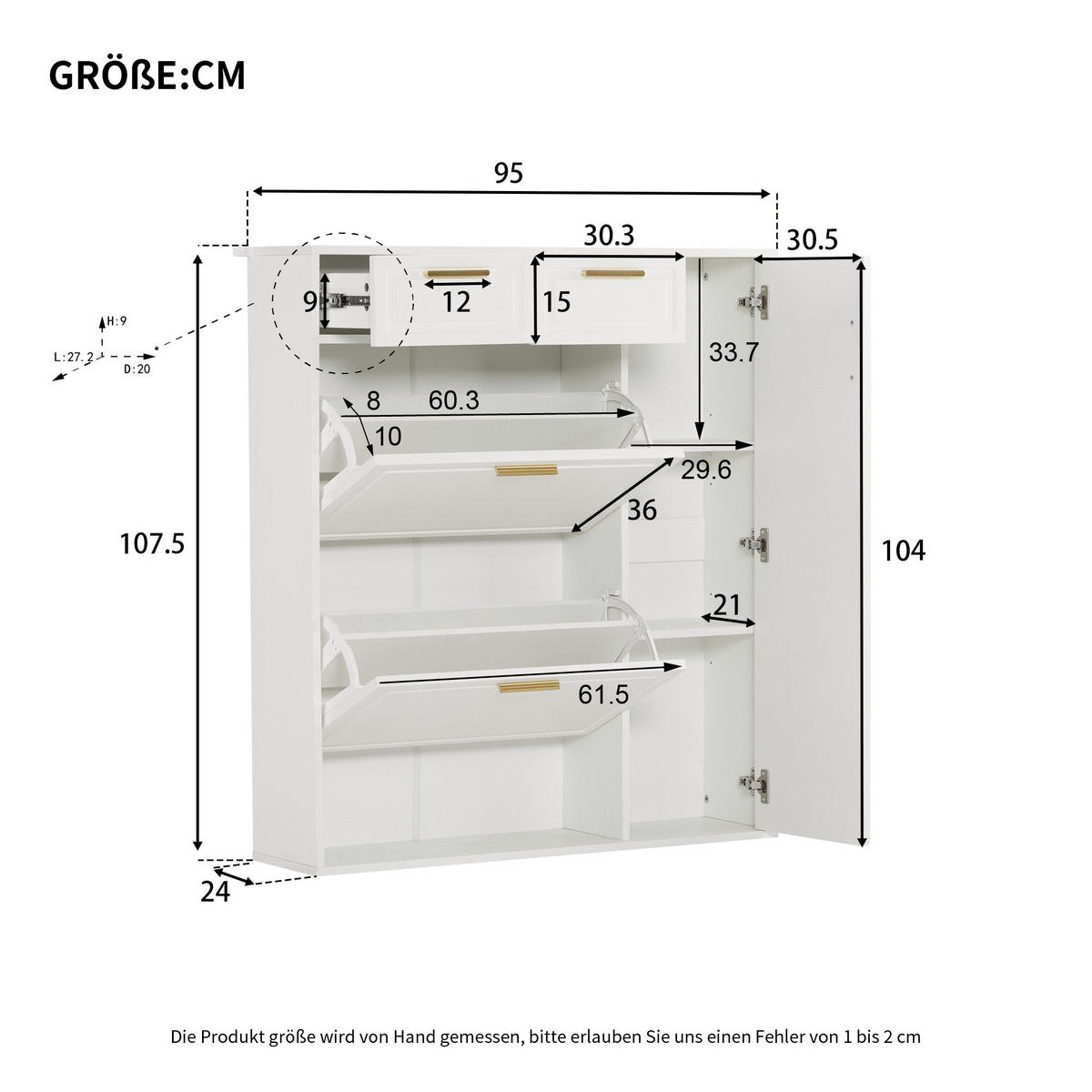 SCHUHSCHRANK in Weiß Schuhkommode mit verstellbaren Regalen goldenen Griffen Schubladen Klapptüren , B95/T24/H107cm - Weiß, Holzwerkstoff (95/107/24cm) - STILVORA