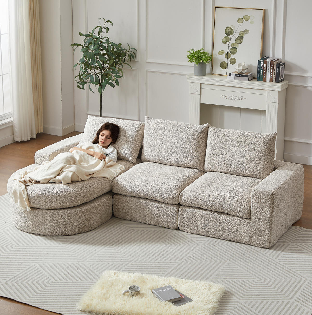 ECKSOFA 251/160/80 cm Sofa beige aus Chenille mit Chaiselongue und Kissen - Beige, Textil (160/251cm) - OKWISH