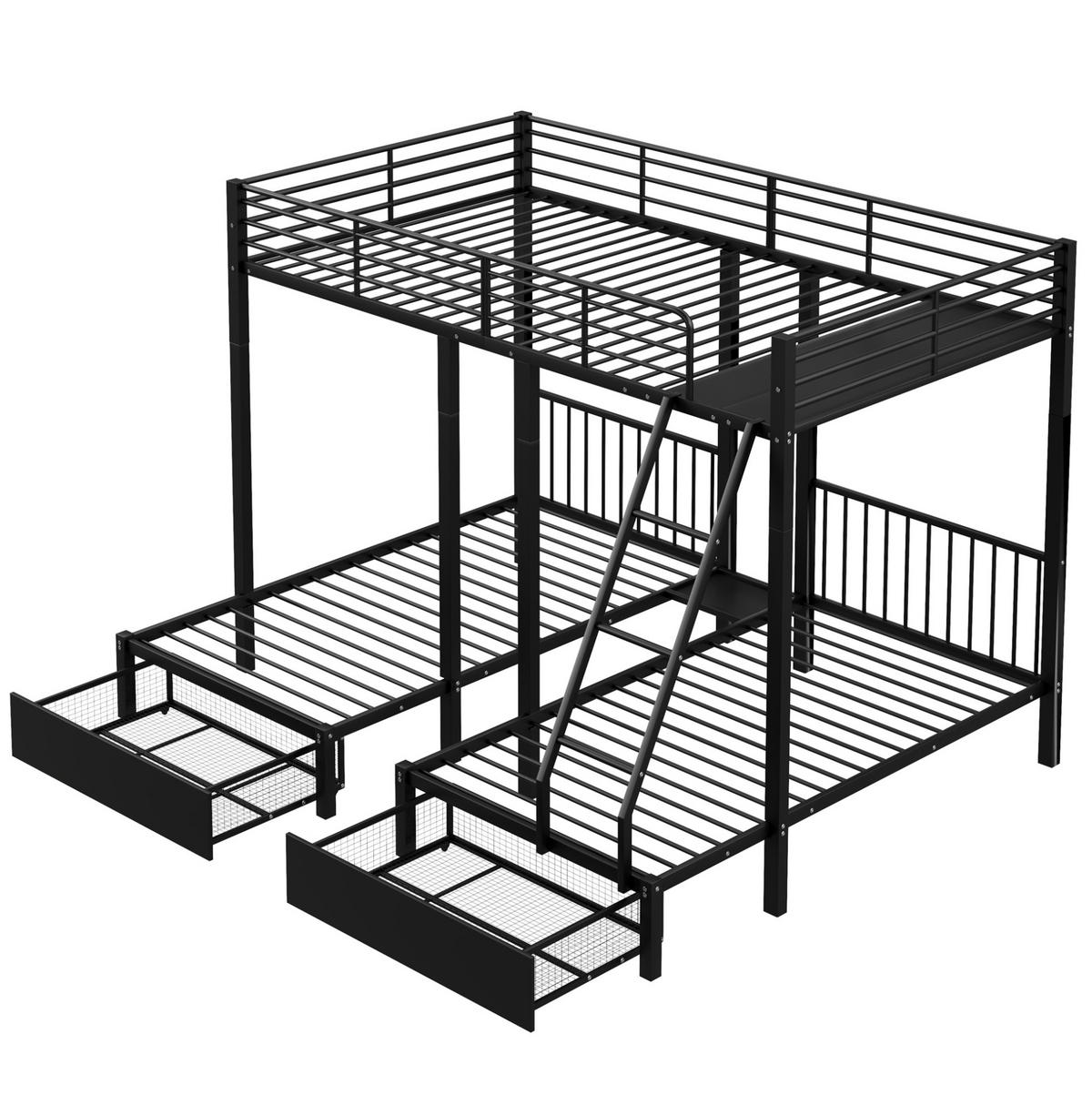 ETAGENBETT 140/200 & 2x 90/200 cm in Schwarz aus Metall mit Schubladen - Schwarz, Metall (140/200cm) - OKMYHOME