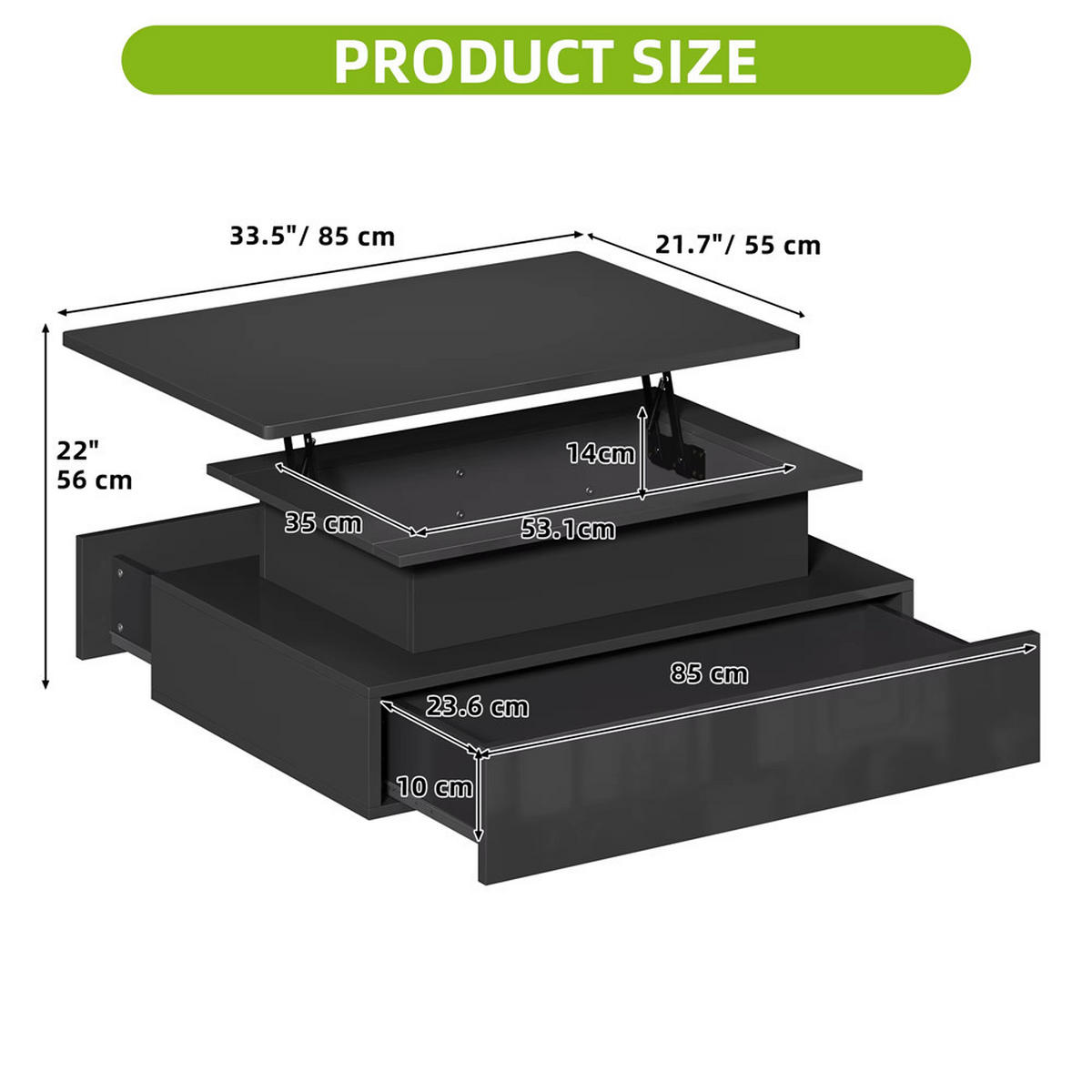 COUCHTISCH Lift-Top LED Beleuchtung 2 Schubladen Schwarz modern - Schwarz, Holz (55/85/56cm) - Kaket