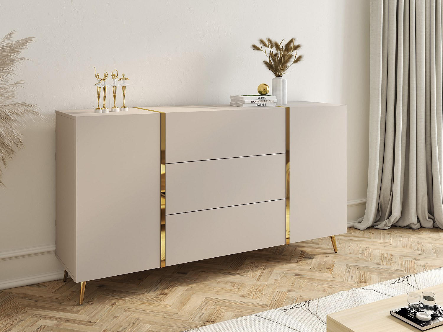 Thumbnail - Vente-Unique Sideboard, Beige, Holz, 3 Schubladen, Rechteckig, 158x87.2x41 cm, Wohnzimmer, Kommoden & Sideboards, Sidebo...