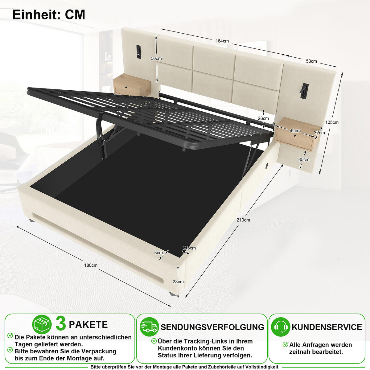 POLSTERBETT 180/200 cm in Beige Samt mit Stauraum, LED und USB-C - Beige, Holzwerkstoff/Textil (180/200cm) - CHICFURN