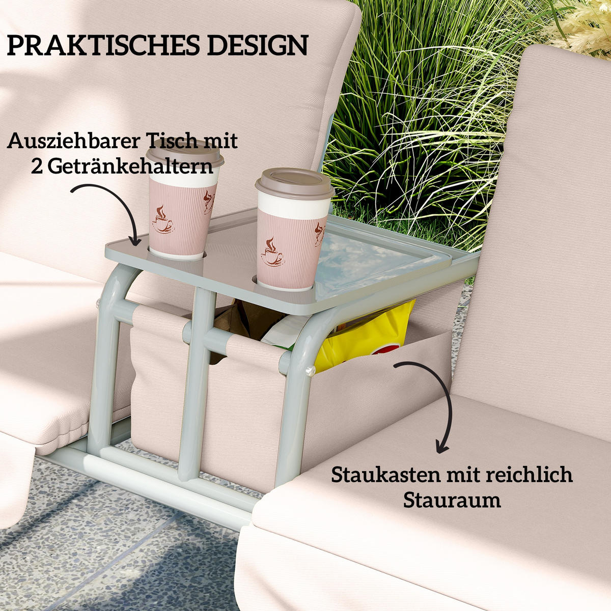 HOLLYWOODSCHAUKEL DE-07099 2-Sitzer, verstellbares Sonnendach, bis 180 kg Beige - Beige, Metall (175/158/112cm) - ComfortXL