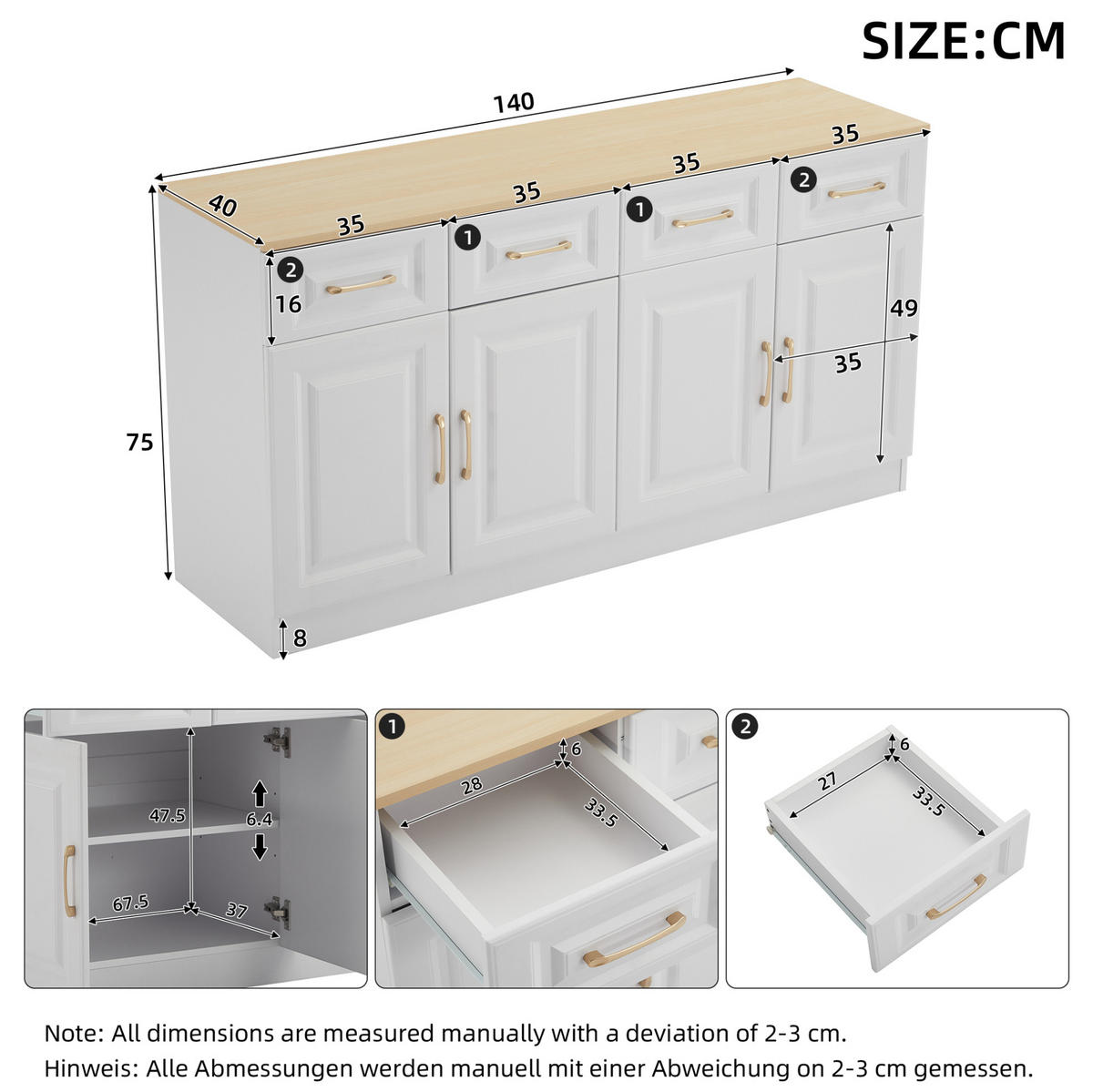 SIDEBOARD 140/40/75 cm aus Spanplatte mit 4 Schubladen und 4 Türen Weiß/Eichefarben - Weiß, Holzwerkstoff (140/75/40cm) - Modenvie