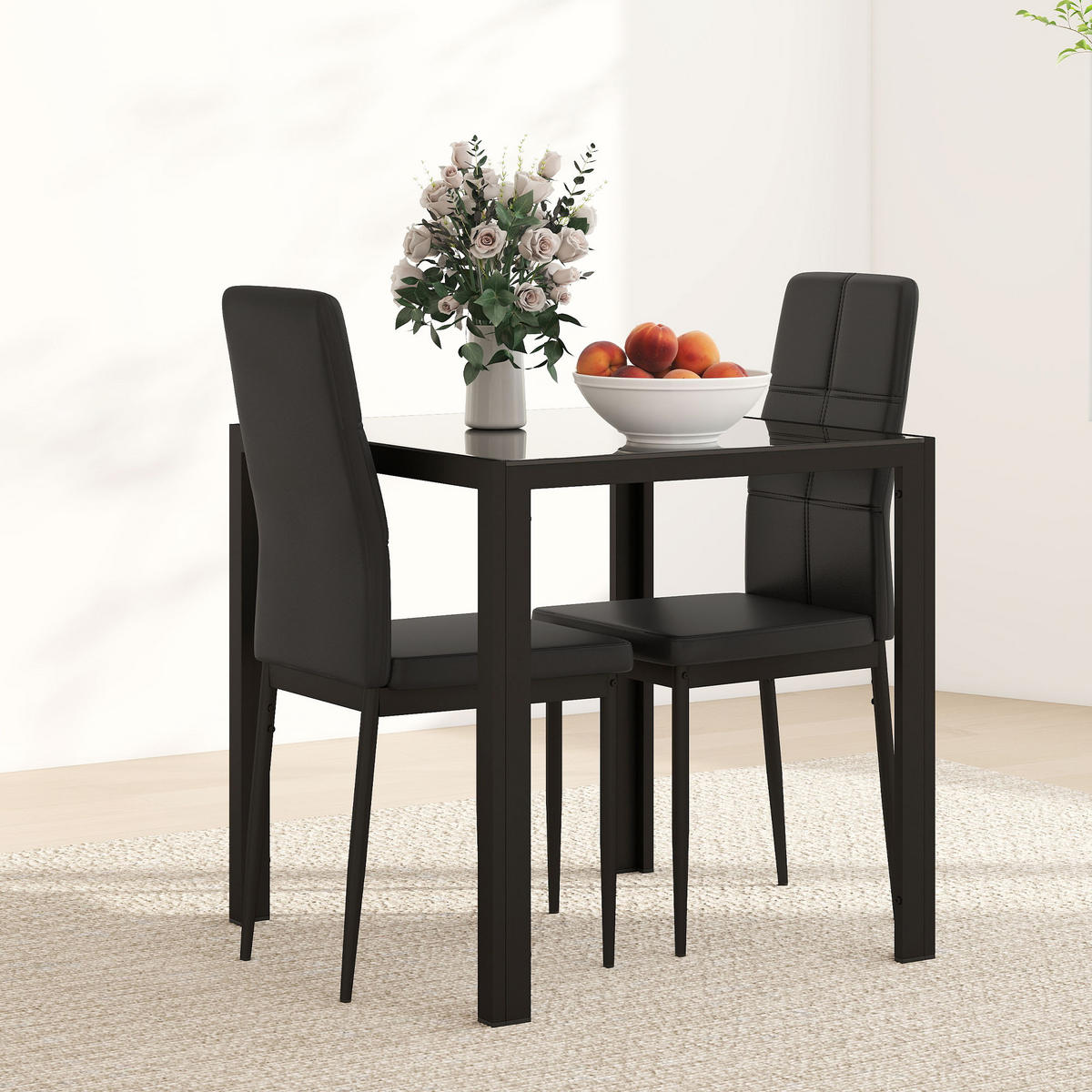 ESSGRUPPE mit 1 Tisch und 2 Stühlen Schwarz 75.0/75.0/75.0 cm - Schwarz, Glas (75/75/75cm)