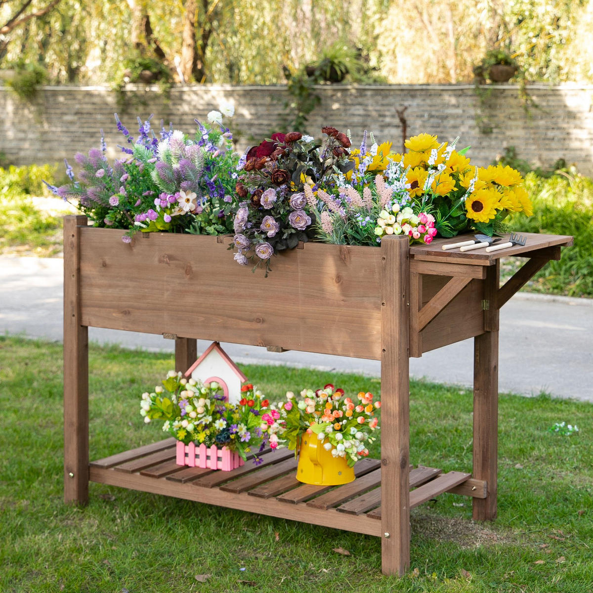 HOCHBEET Pflanzkasten mit 8 geteilten Gittern, faltbare Ablage, Massivholz, Braun - Braun, Holz (54/74/123cm) - Outsunny