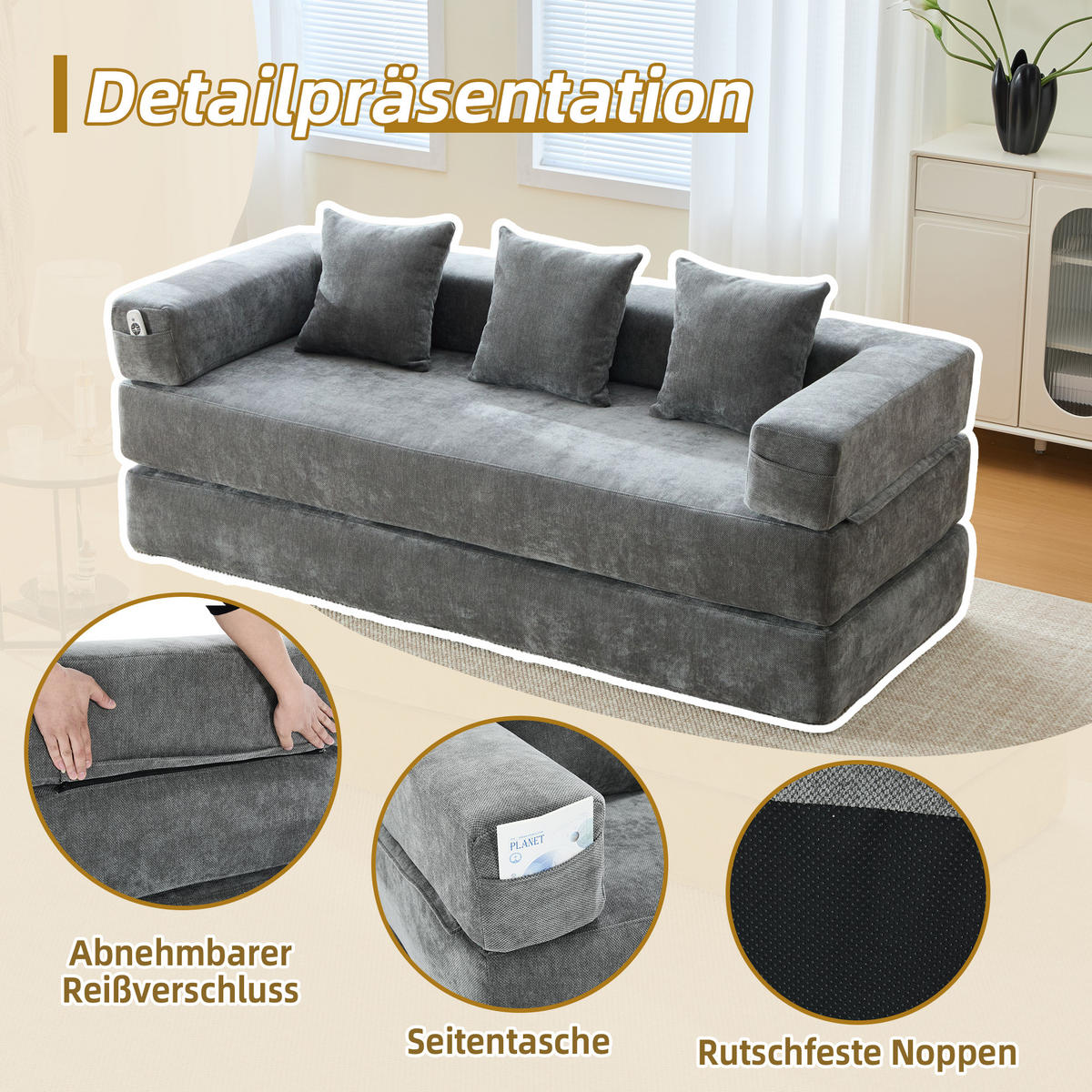SCHLAFSOFA 198/79/60 cm Dunkelgrau mit Aufbewahrungstaschen - Dunkelgrau, Textil (198/60/79cm) - Oxeza