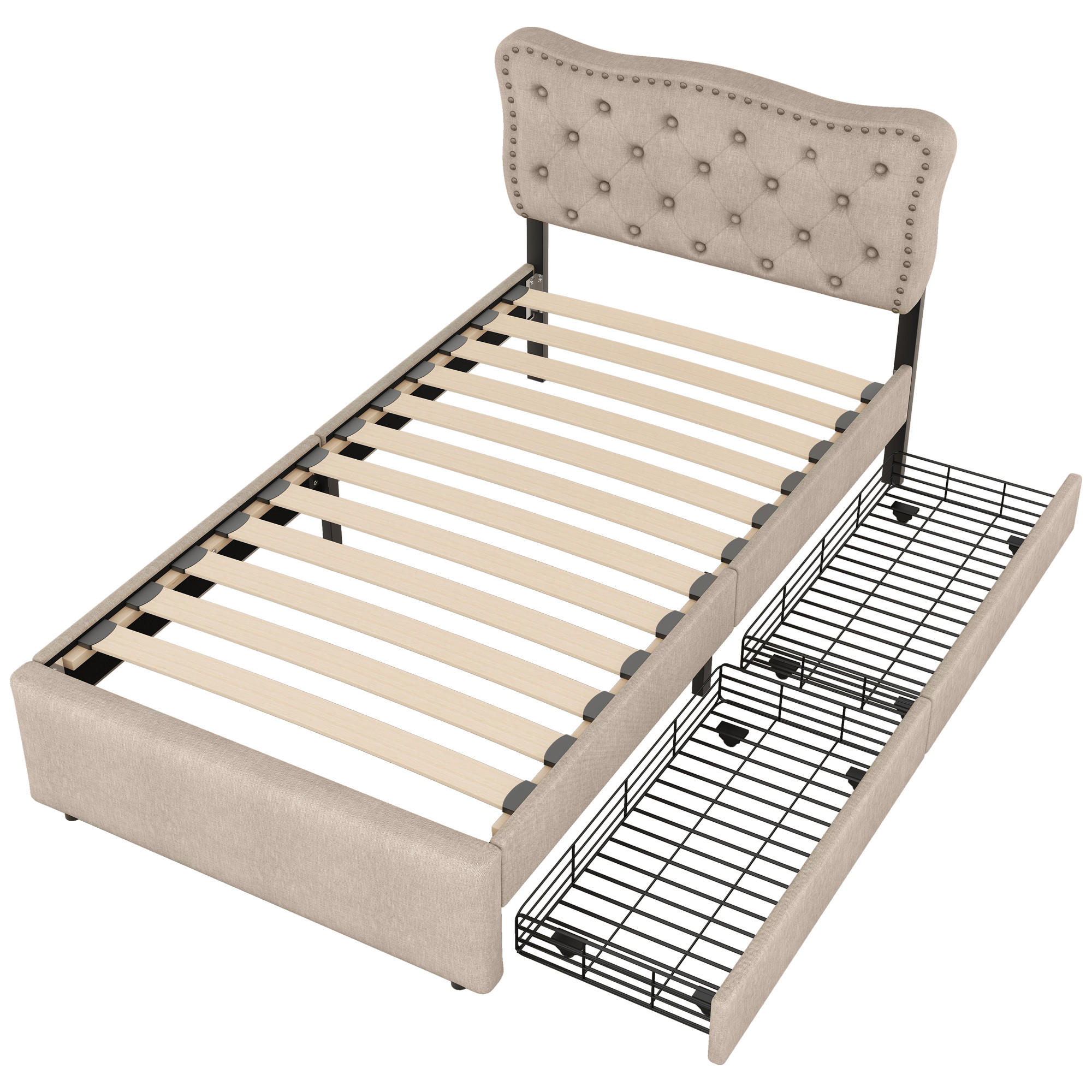 POLSTERBETT 90/200 cm DE-04297, mit dekorativen Nieten, zwei Schubladen und verstellbarem Kopfteil, in Dunkelbeige - Braun, Holzwerkstoff (90/200cm) - ComfortXL