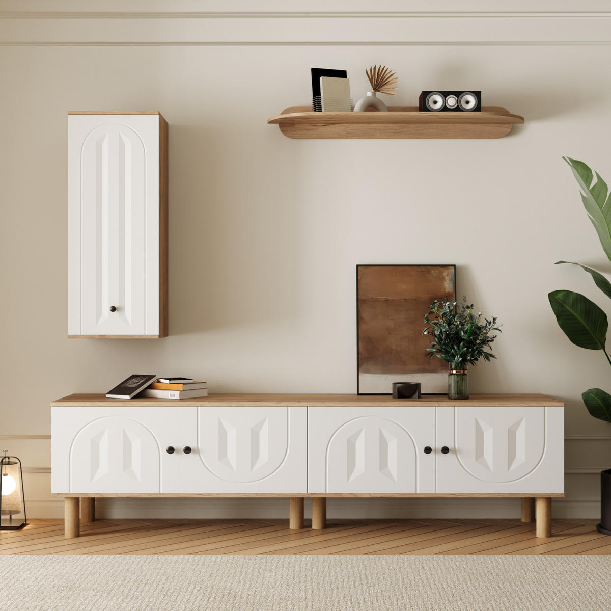WOHNWAND 3-tlg. mit TV-Lowboard, Highboard und Wandboard Weiß/Naturholz - Weiß, Holzwerkstoff (40/50/170cm) - Beauniv