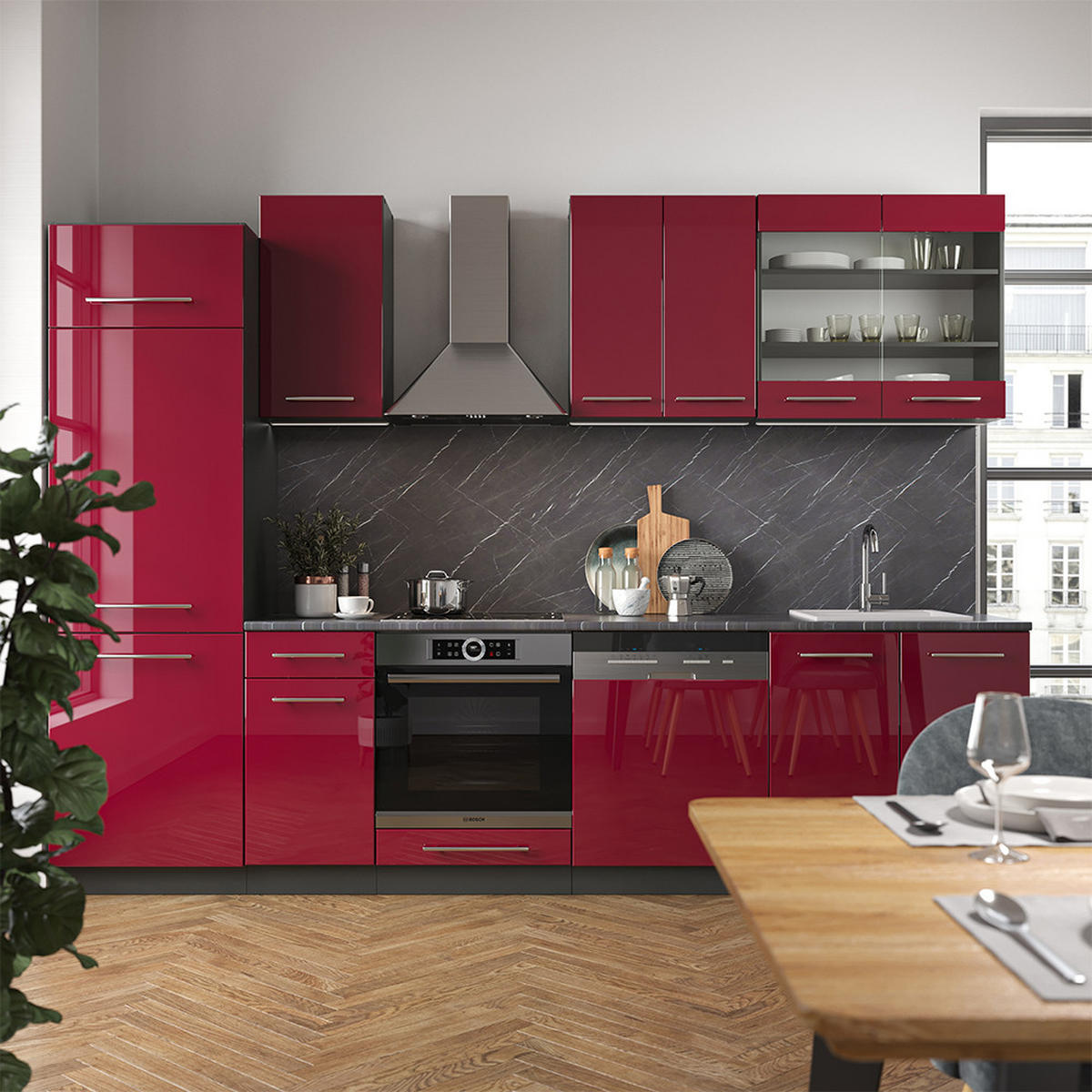 KÜCHENZEILE Fame-Line Bordeaux Hochglanz/Anthrazit 300 cm ohne AP - Bordeaux/Anthrazit, Holzwerkstoff (300/81.6/46cm) - Vicco