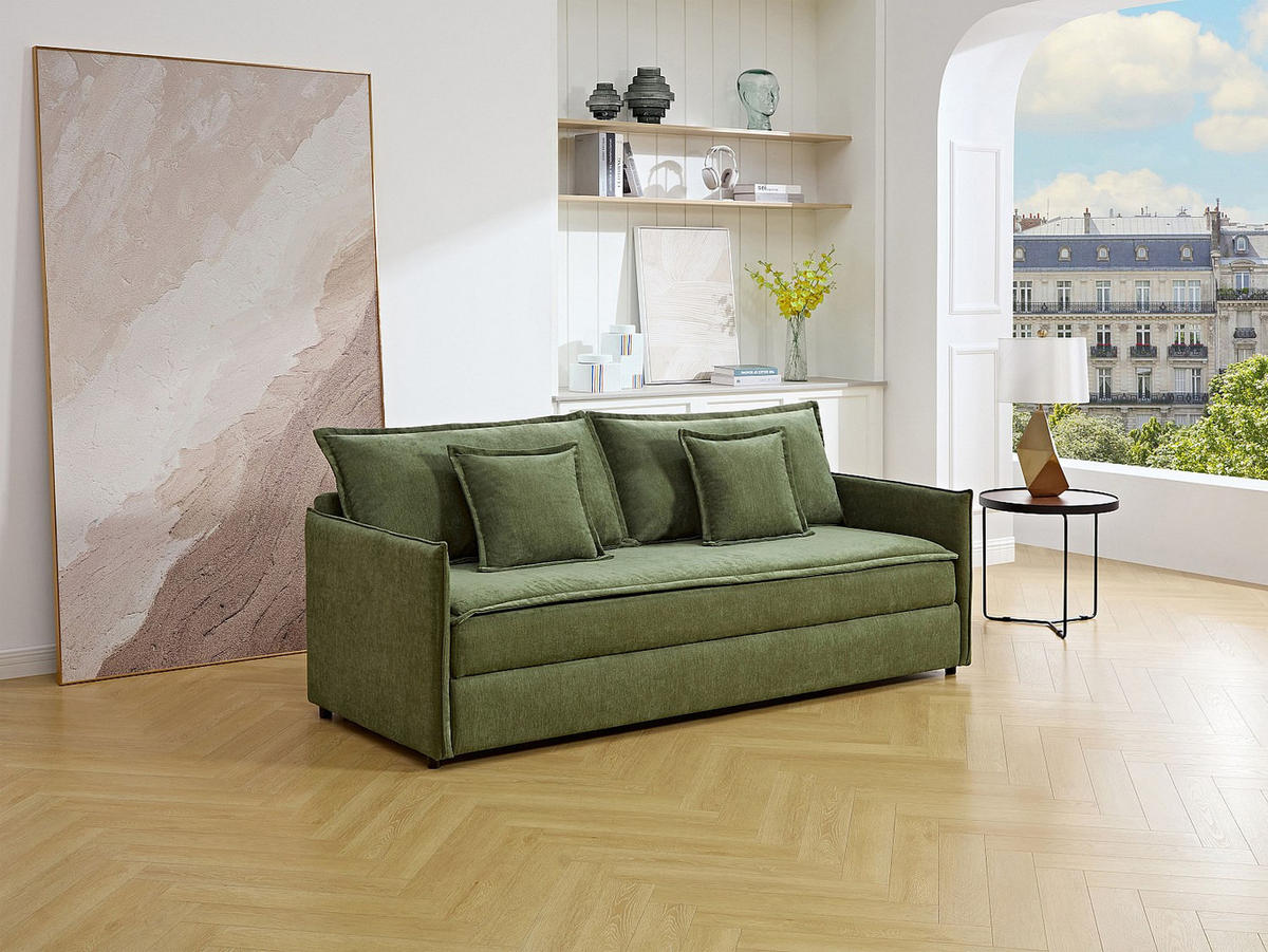 SCHLAFSOFA 3-Sitzer - Stoff - Khaki-Grün - Liegefläche mit Memory-Schaum - SERABA - Grün, Textil (204/92/82cm) - Vente-Unique