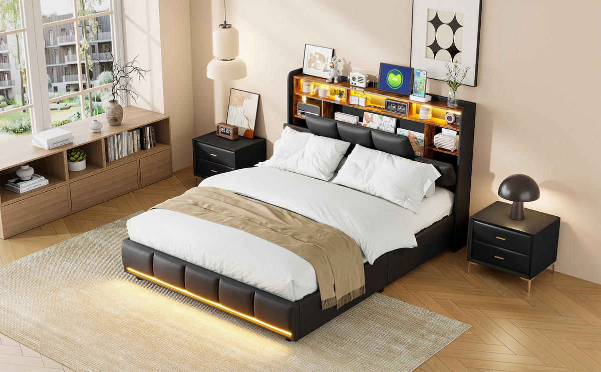POLSTERBETT 140x200 Schwarz LED - Schwarz, Holzwerkstoff (140/200cm) - SHOPENTRA