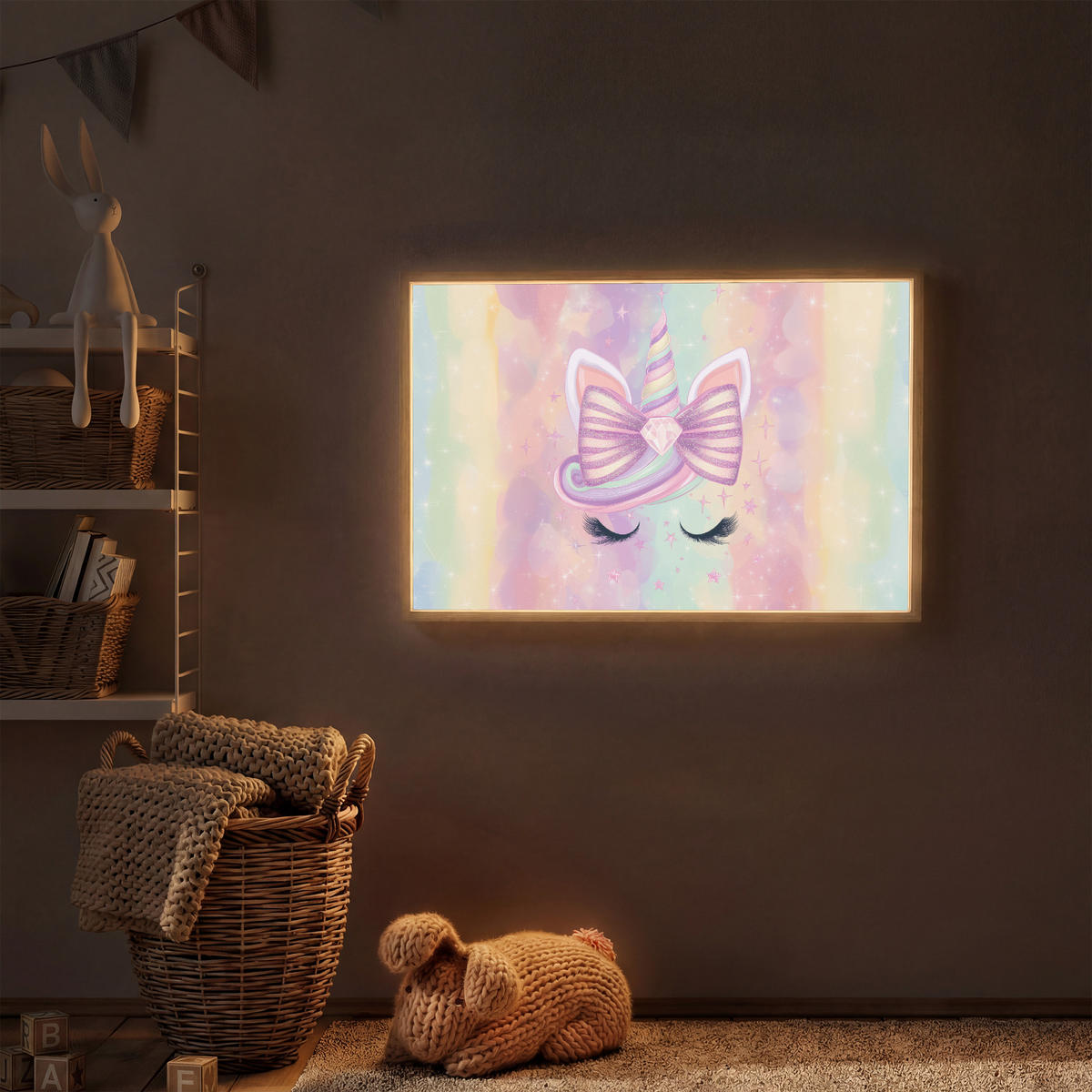 DOBÍJECÍ NOČNÍ LAMPIČKA Jednorožec - Třpytky - Duha - Pastelové barvy 100x70 cm - světle růžová, kompozitní dřevo (8/100/70cm) - OnlyWow