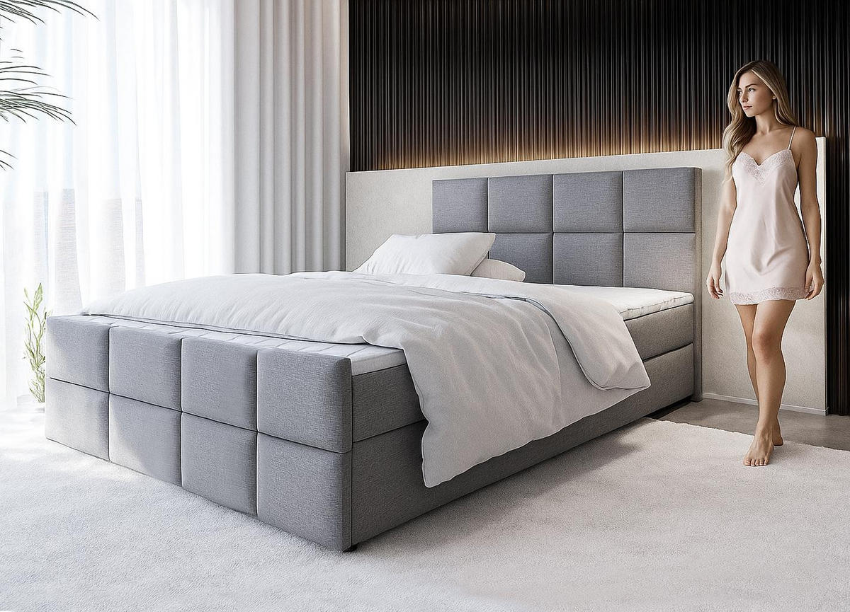 BOXBETT ALEYNA 180x200 cm mit Bettkasten und Matratze - Grau - Schwarz/Grau, Holz/Holzwerkstoff (180/200cm) - AX Living