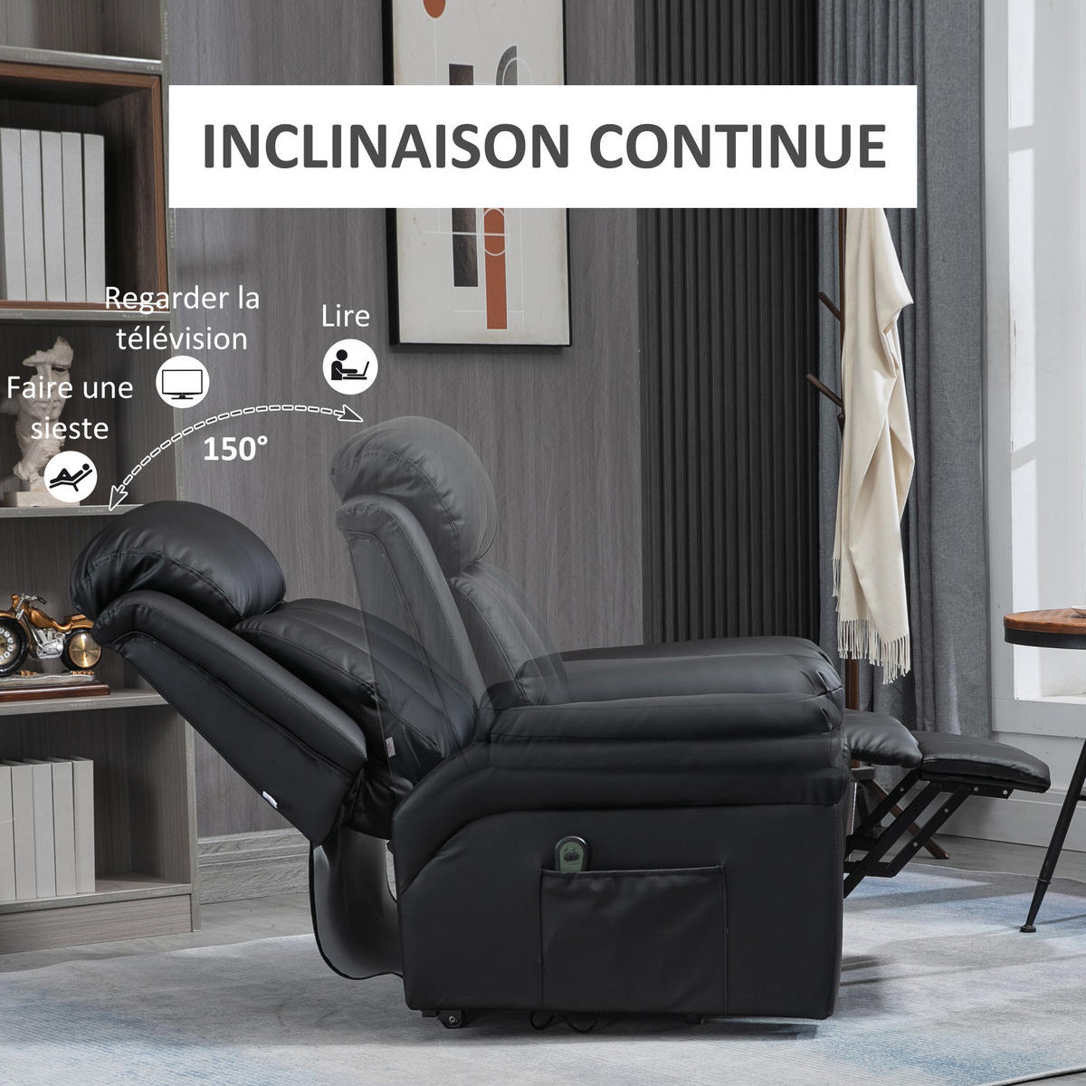 RELAXSESSEL DE-15417 mit Aufstehhilfe und verstellbarer Fußstütze Schwarz - Schwarz, Leder (93/105/96cm) - ComfortXL