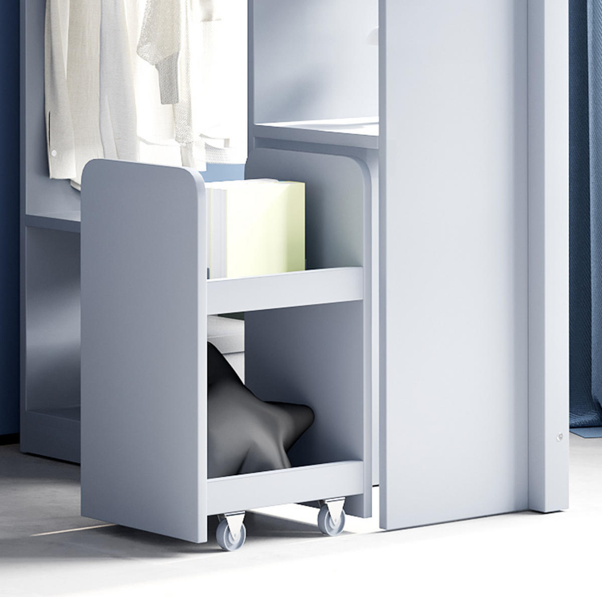 HOCHBETT aus 90x200 cm Grau mit Regalen, Kleiderstange und herausnehmbarem Rollwagen - Grau, Holzwerkstoff (90/190cm) - Modfu