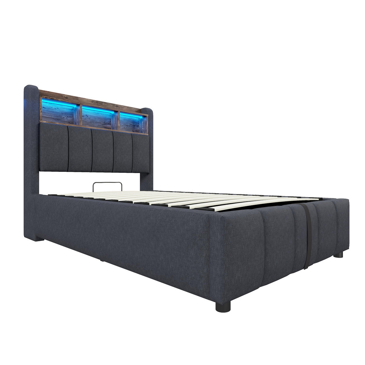 POLSTERBETT 90/200 cm in Grau Leinen mit Bettkasten, LED und USB - Grau, Holzwerkstoff/Textil (90/200cm) - WISHDOR