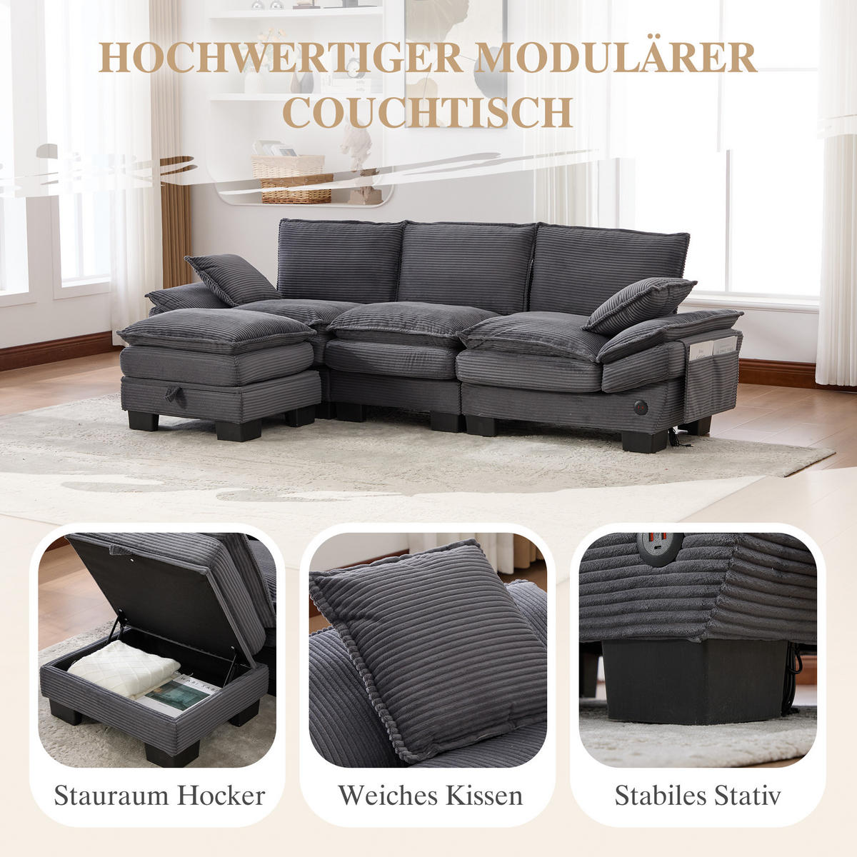 3-SITZER SOFA Cord Dunkelgrau mit Hocker, USB-C und Seitentaschen - Dunkelgrau, Holzwerkstoff/Kunststoff (260/132cm) - WISHDOR
