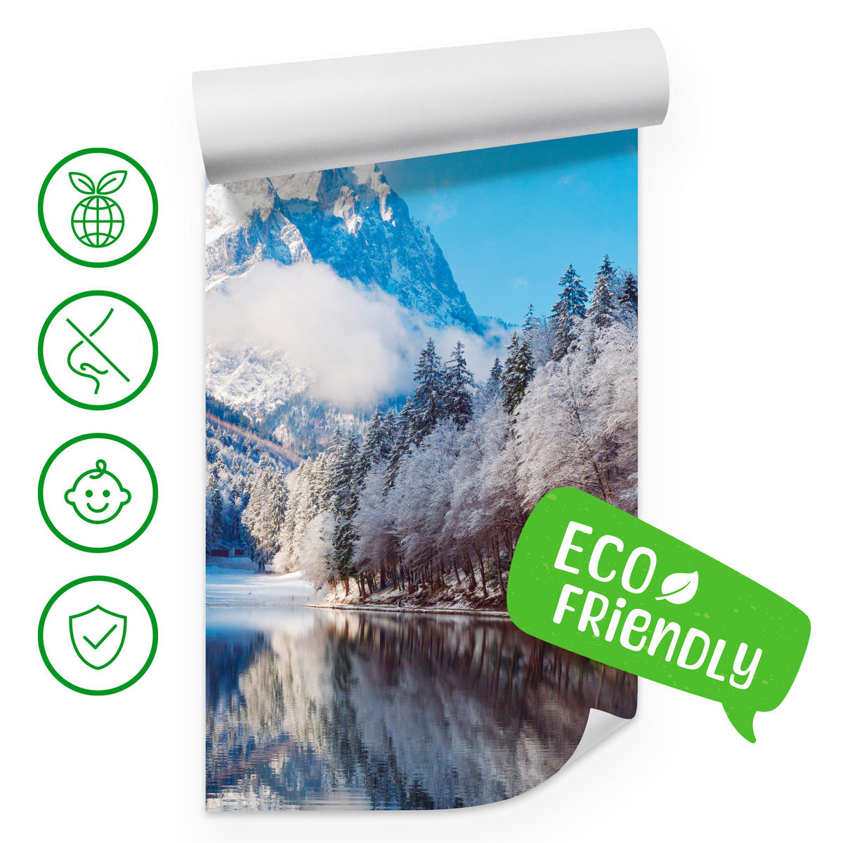 FOTOTAPETE für Wohnzimmer Winterberglandschaft See Nadelwald Schnee 300x210 - Blau/Braun, Papier (300/210cm) - Muralo