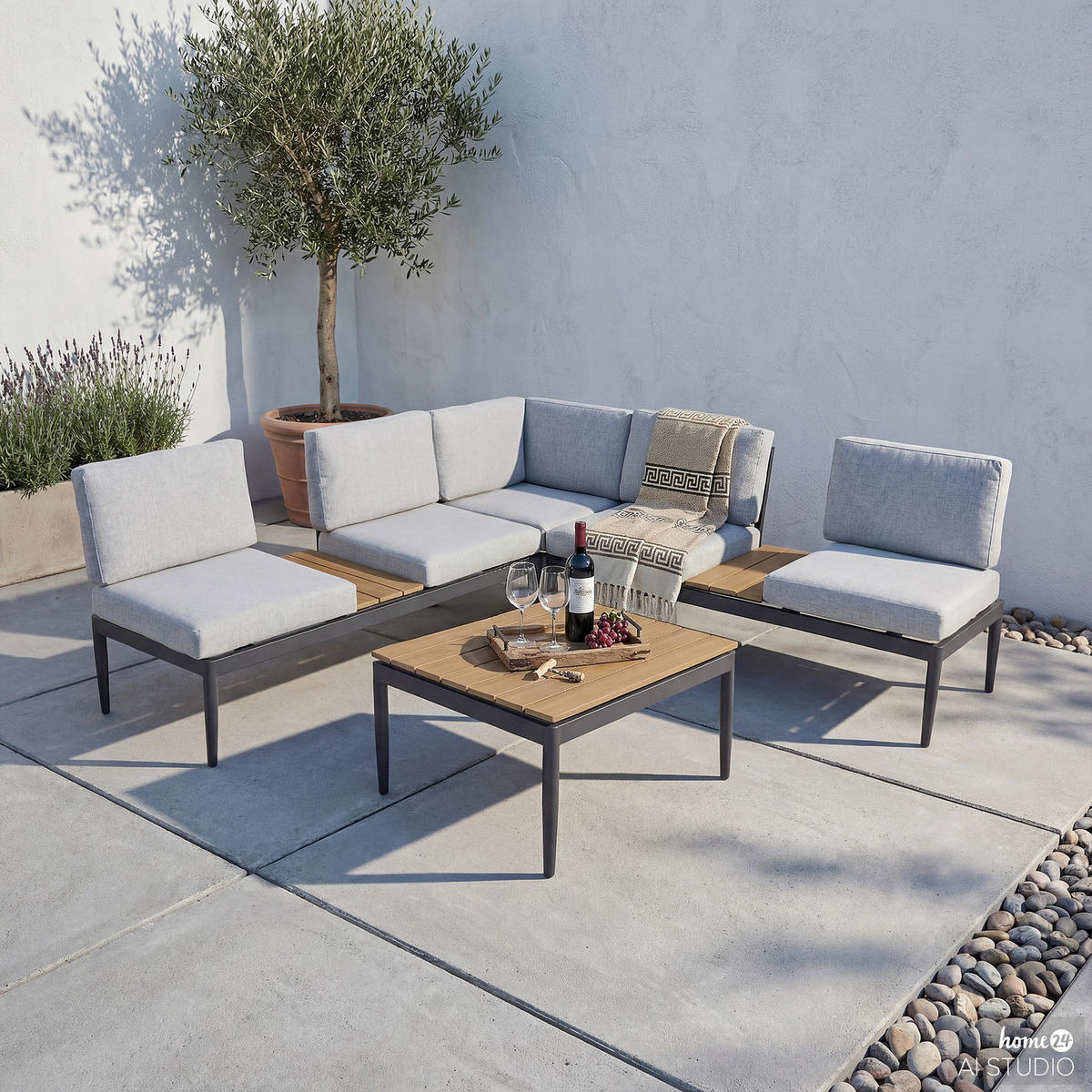 LOUNGEGRUPPE - 4-teilig - Stahl / Webstoff - Anthrazit / Grau - Grau, Kunststoff/Textil - home24