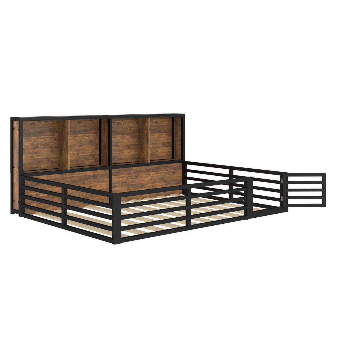 KINDERBETT 140/200 cm schwarz aus Metall und MDF mit Stauraum und LED - Schwarz, Holzwerkstoff (140/200cm) - OKWISH