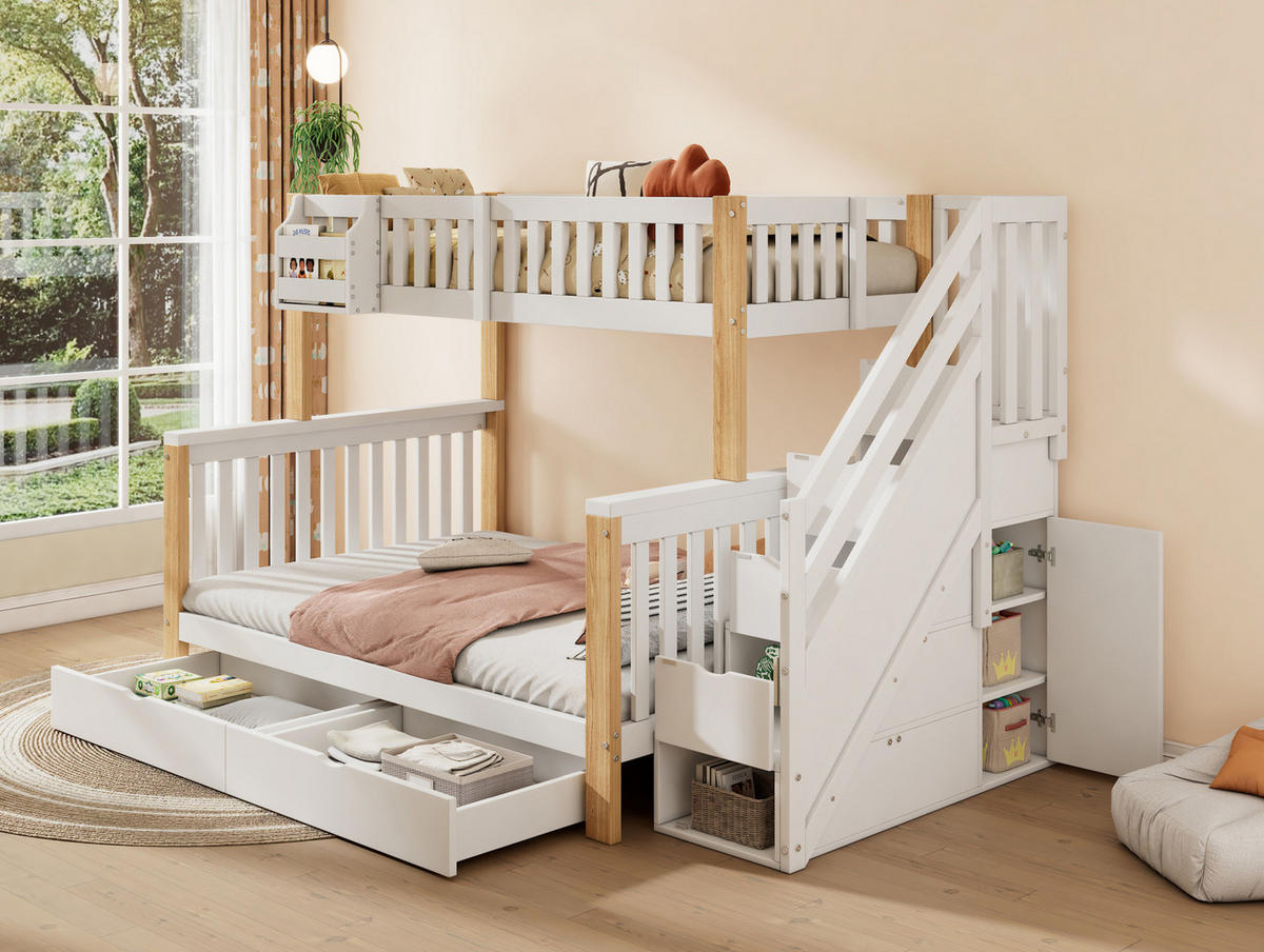 ETAGENBETT 90/200 cm aus Massivholz mit Treppenschrank, Schublade und Ablagekörben, Weiß/Natur - Weiß, Holzwerkstoff (90/200cm) - Redom