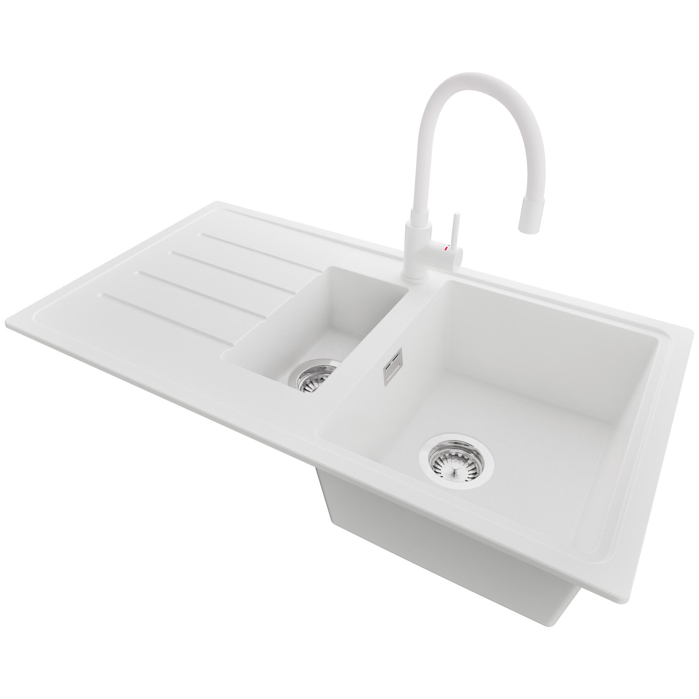 GRANITSPÜLE - Kopenhagen, 3-er set Weiß 90/50 cm, 1,5 Becken + Küchenarmatur 38/14 cm + Ablauf-Set ab 60er Unterschrank - Chromfarben/Weiß, Kunststoff (90/19/48cm) - Primagran