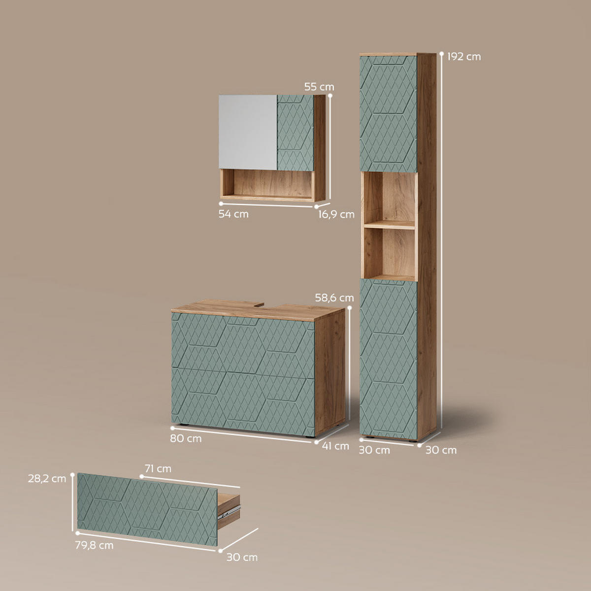 BADMÖBEL-SET Ronco Grün/Goldkraft Eiche 3 Teile, mit Schubladenschrank und Hochschrank - Honigeiche/Grün, Holzwerkstoff (80/58/41cm) - Livinity®