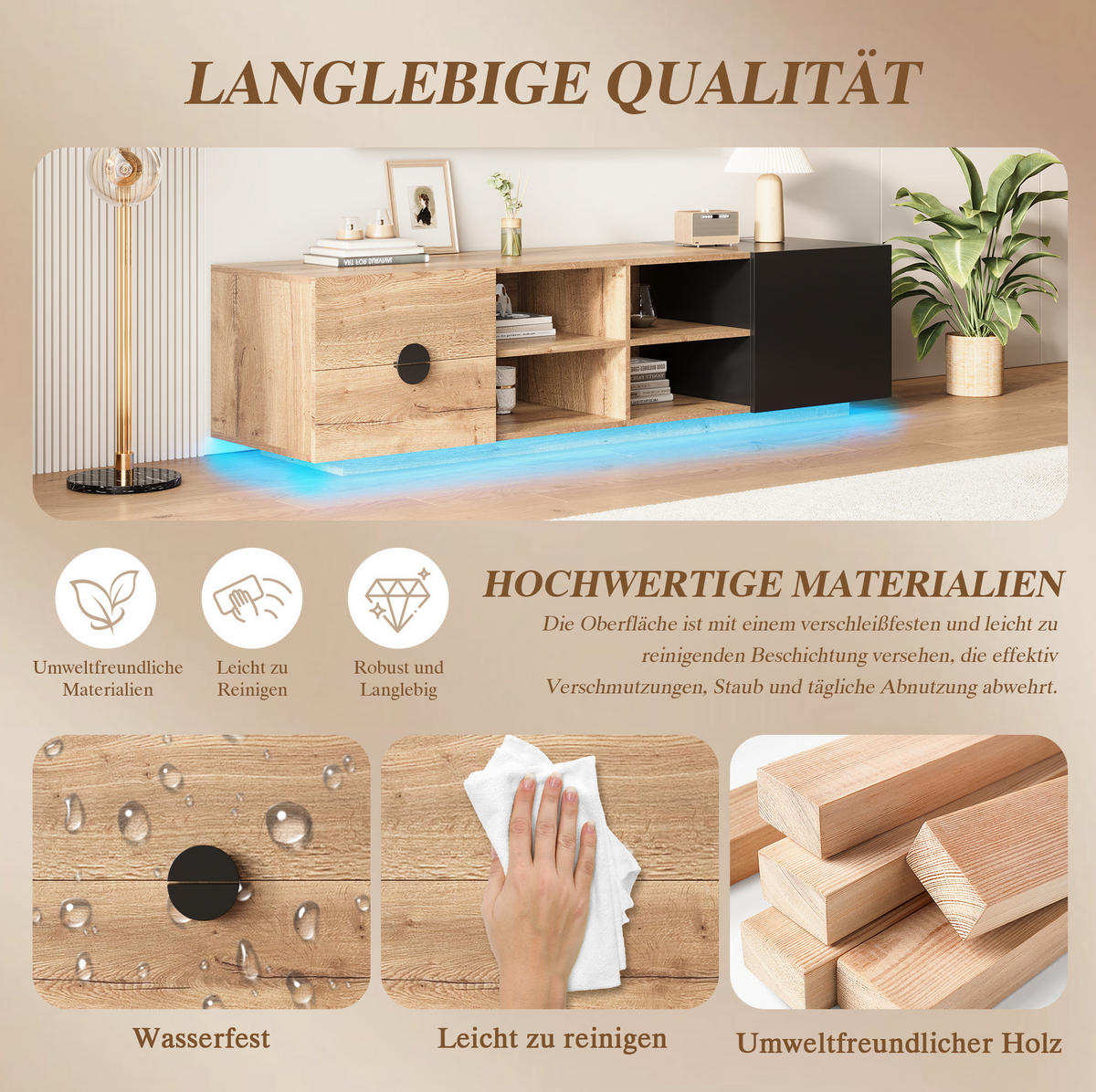 TV-LOWBOARD 180/38,5/47 cm mit Schublade, Schrankfach und LED-Beleuchtung - Schwarz, Holzwerkstoff (180/47/38.5cm) - BEAOK