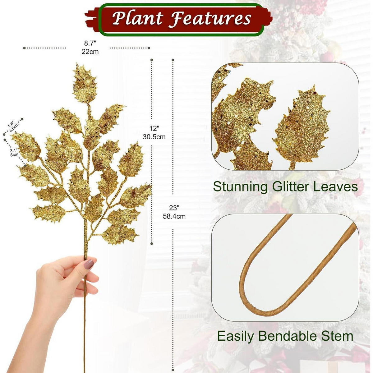 KUNSTZWEIG 6-teiliges Set Glitzernde Eichenblätter 58 cm Gold - Goldfarben, Kunststoff (58.4cm)