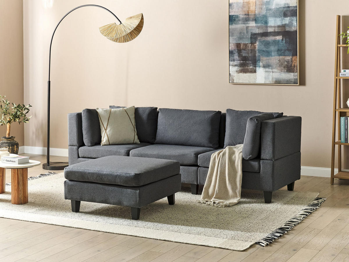 3-SITZER-SOFA Leinenoptik dunkelgrau mit Ottomane Unstad - Schwarz/Grau, Textil (228/72/76cm) - Beliani