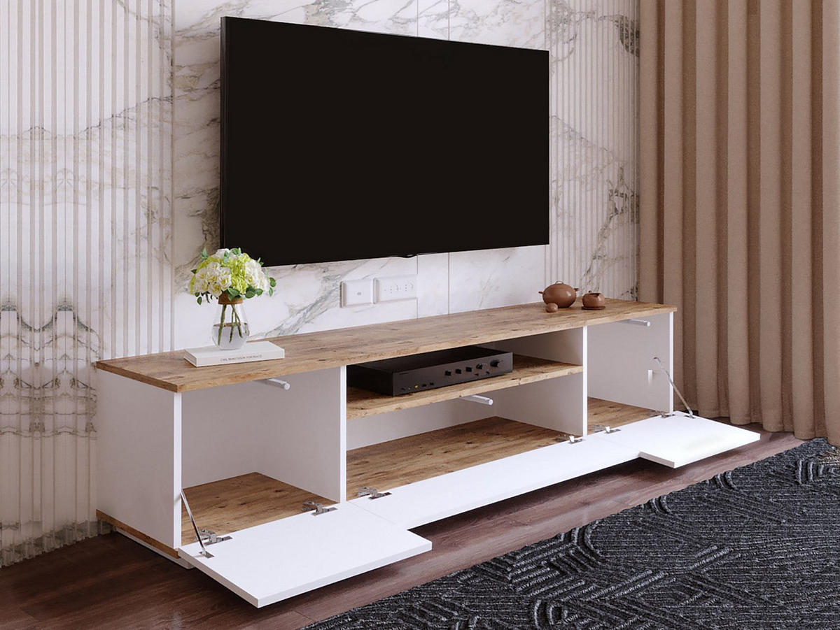 TV-MÖBEL mit 3 Türen & 1 Ablagefach - Weiß & Holzfarben - LOTULA - Naturfarben, Holz (44.5/44.6/180cm) - Vente-Unique