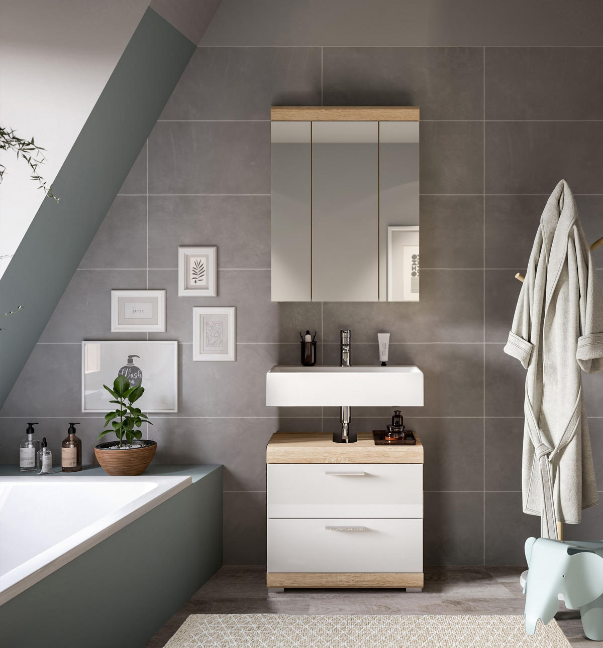 BADKOMBINATION 2tlg. Lambada Bad in Sonoma Eiche hell und weiß hochglanz B/H/T: 60x191x34 cm - Sonoma Eiche, Holz (60/191/37cm)