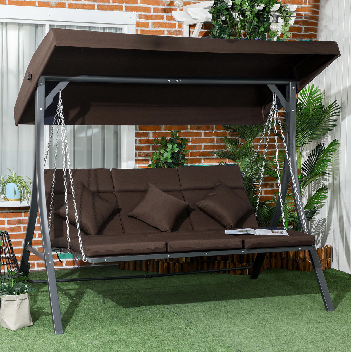 HOLLYWOODSCHAUKEL 198/118/168 cm braun aus Eisen mit verstellbarem Sonnendach und Kissen - Braun, Metall (118/168/198cm) - OKWISH